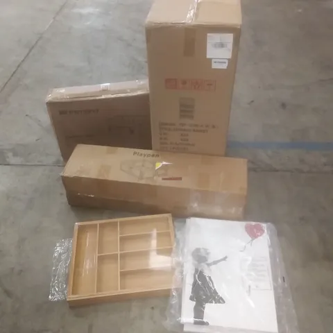 PALLET OF ASSORTED HOUSEHOLD PRODUCTS AND ITEMS, INCLUDING; PLAYPEN, CANVAS PRINT, STORAGE BASKET UNIT DOG BOOSTER SEAT, PET CRATE, TOILET SEAT ETC