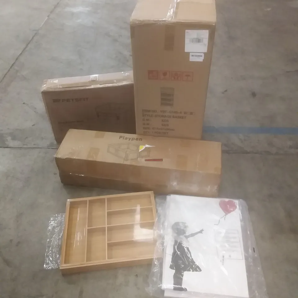 PALLET OF ASSORTED HOUSEHOLD PRODUCTS AND ITEMS, INCLUDING; PLAYPEN, CANVAS PRINT, STORAGE BASKET UNIT  DOG BOOSTER SEAT, PET CRATE, TOILET SEAT ETC