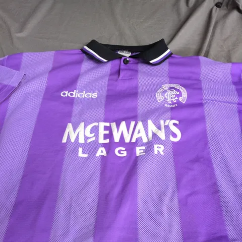 ADIDAS RANGERS FOOTBALL CLUB SHIRT – PURPLE, MCEWAN'S LAGER SPONSOR, UK 38-40