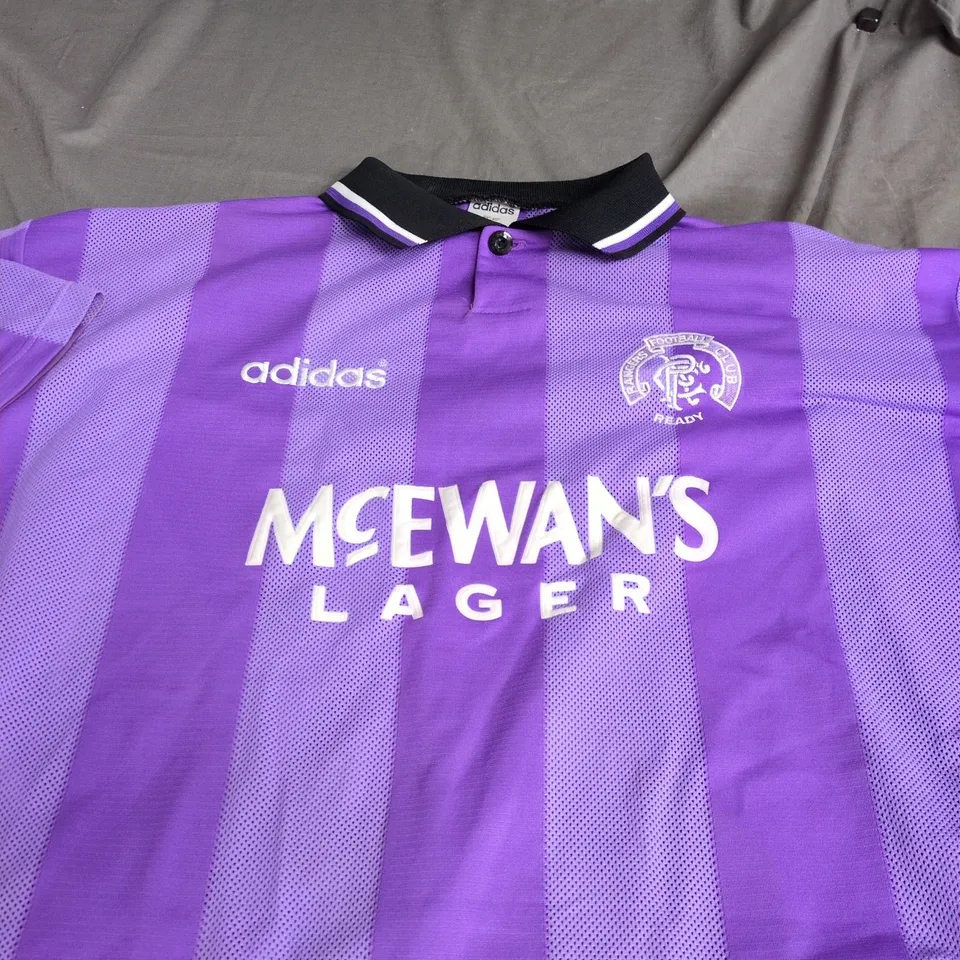 ADIDAS RANGERS FOOTBALL CLUB SHIRT – PURPLE, MCEWAN'S LAGER SPONSOR, UK 38-40