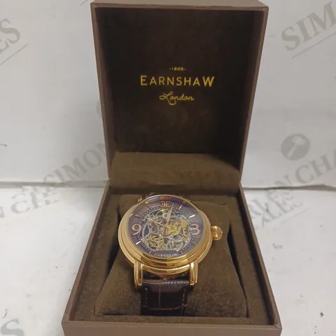 BOXED THOMAS EARNSHAW GENTS LONGCASE AUTOMATIC SKELETON WATCH - GENUINE LEATHER STRAP - 5 ATM.
