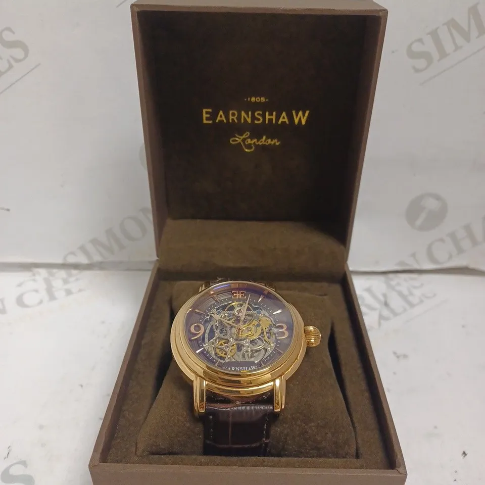 BOXED THOMAS EARNSHAW GENTS LONGCASE AUTOMATIC SKELETON WATCH - GENUINE LEATHER STRAP - 5 ATM.