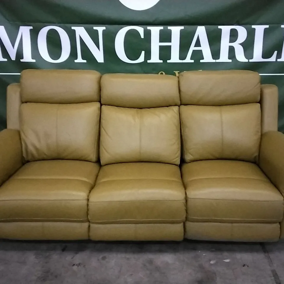 QUALITY DESIGNER YELLOW/GREEN LEATHER 3 SEATER ELECTRIC RECLINING SOFA
