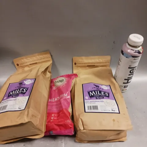APPROXIMATELY 7 ASSORTED FOOD PRODUCTS TO INCLUDE MILES TEA, HUEL DRINKS, WHEATGERM ETC
