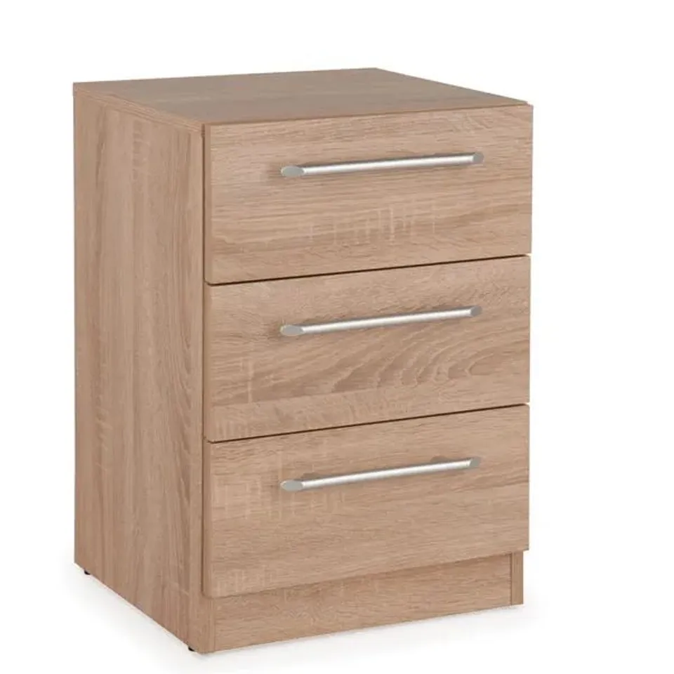 BOXED HOLBORN 3 DRAWER BEDSIDE TABLE, LIGHT WOOD