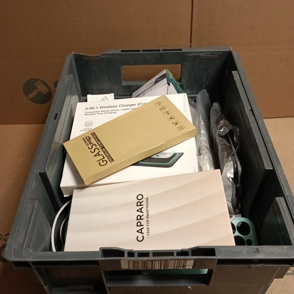 TOTE OF APPROXIMATELY 20 ASSORTED PHONE RELATED ITEMS TO INCLUDE 3 IN 1 WIRELESS CHARGER, TRAVEL ADAPTER, CASES, CABLES ETC
