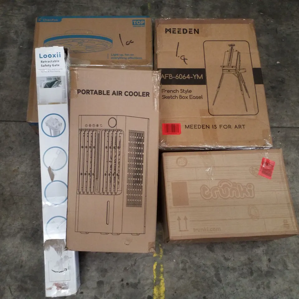 PALLET CONTAINING ASSORTED PRODUCTS INCLUDING CEILING LED FAN LIGHT, RETRACTABLE SAFETY GATE, PORTABLE AIR COOLER, TRUNKI KIDS SUITCASE & FRENCH STYLE SKETCH BOX EASEL