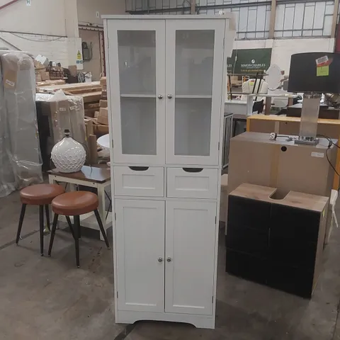 DESIGNER TALL WHITE FREESTANDING STORAGE CABINET WITH 4 DOORS AND 2 DRAWERS