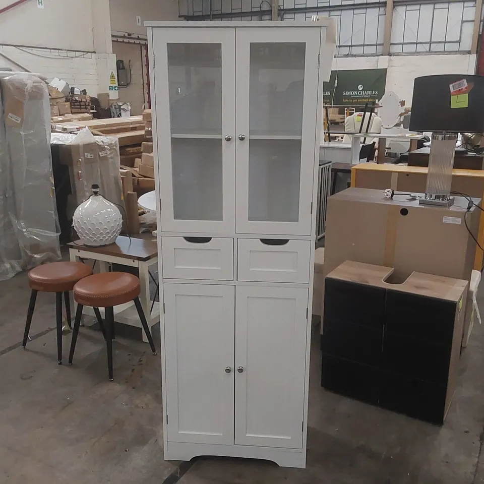 DESIGNER TALL WHITE FREESTANDING STORAGE CABINET WITH 4 DOORS AND 2 DRAWERS