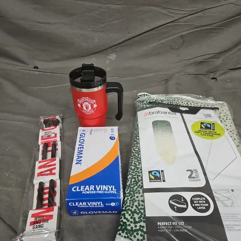 APPROXIMATELY 20 ASSORTED HOUSEHOLD PRODUCTS TO INCLUDE IRON BOARD COVER, VINYL GLOVES, DRINKS CONTAINER ETC 