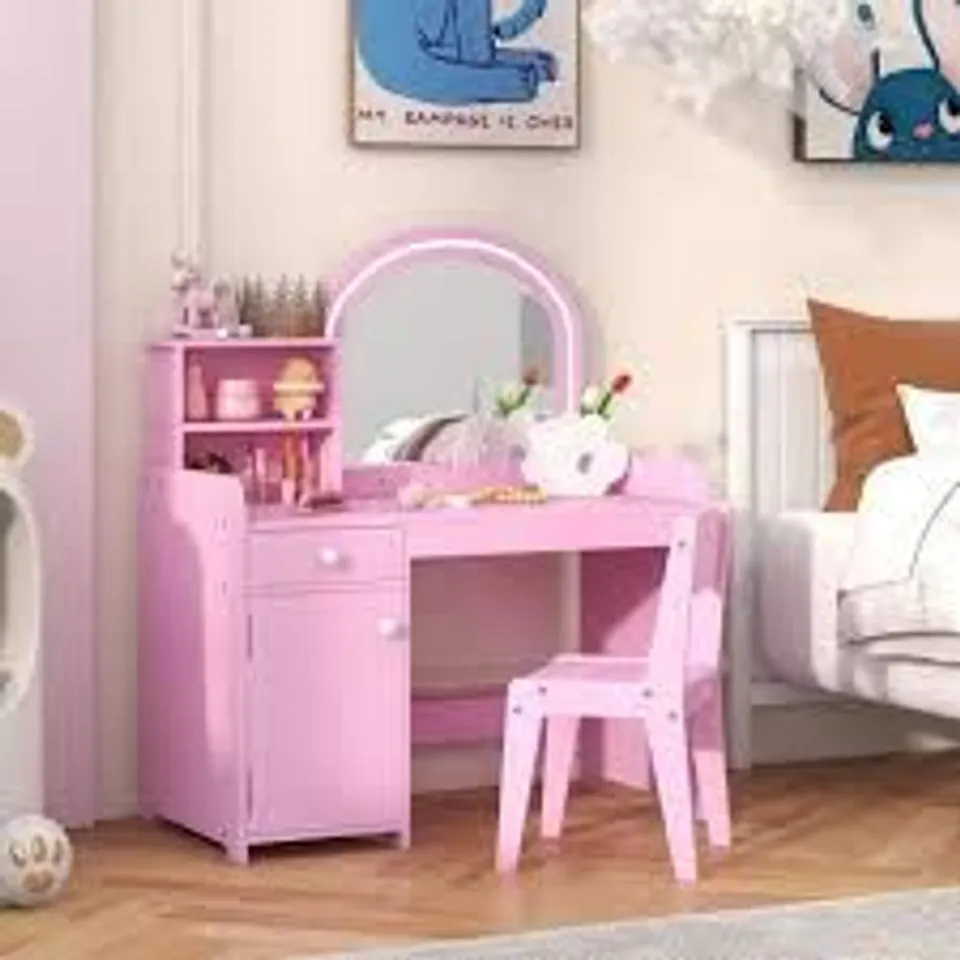 BOXED COSTWAY KIDS PINK VANITY TABLE AND CHAIR SET WITH STORAGE