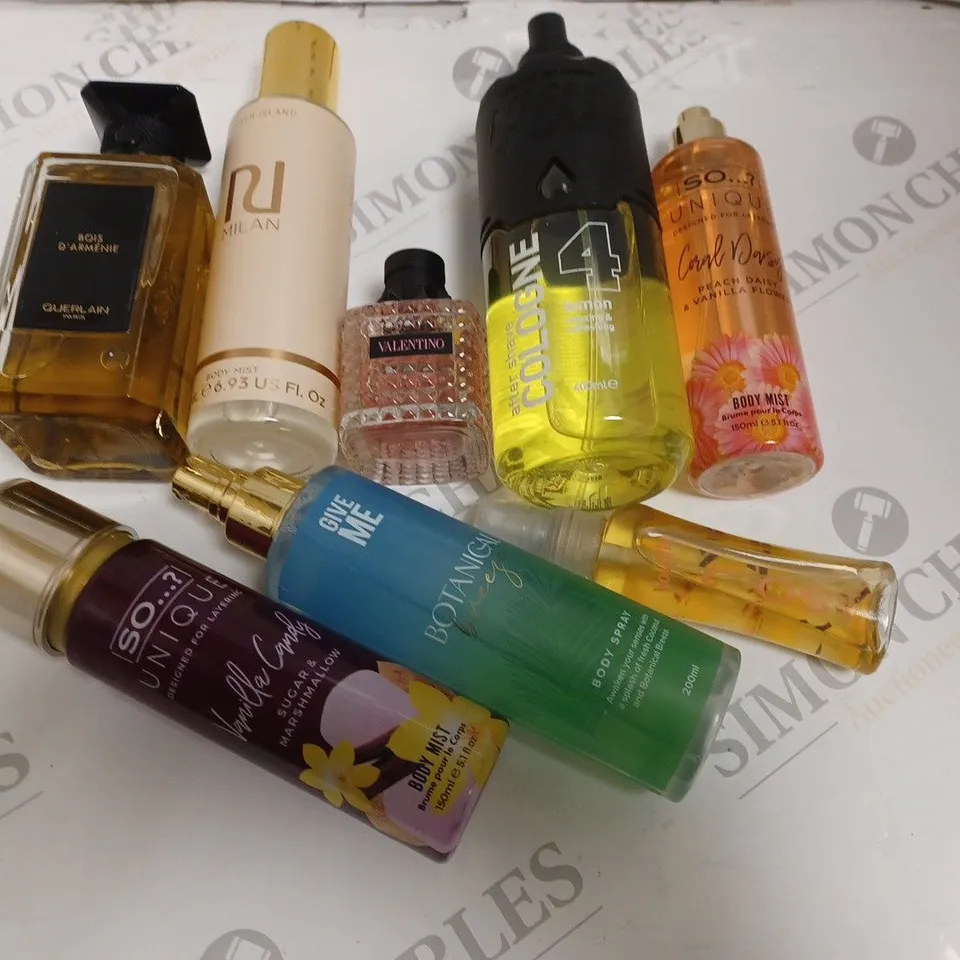 LOT OF 8 ASSORTED BOTTLES OF FRAGRENCES TO INCLUDE VALENTINO AND GUERLAIN