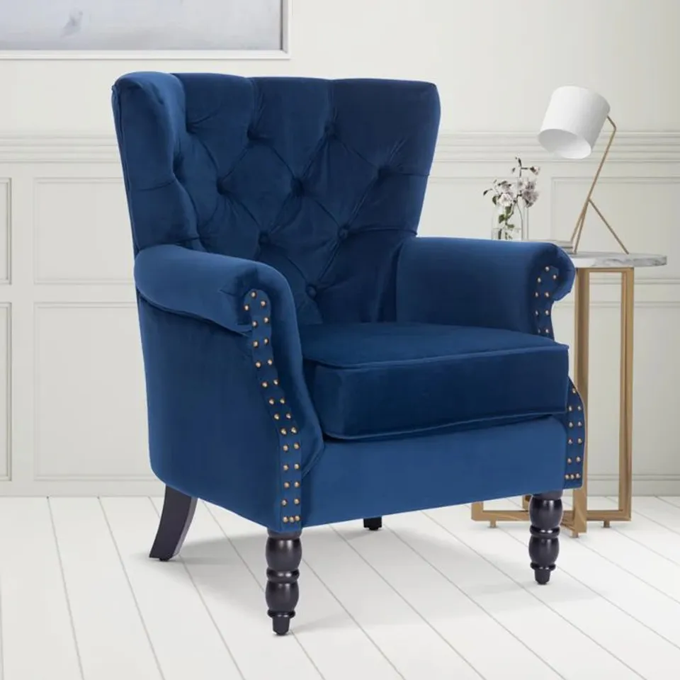 BOXED VELVET BLUE LIANA ACCENT WINGBACK CHAIR