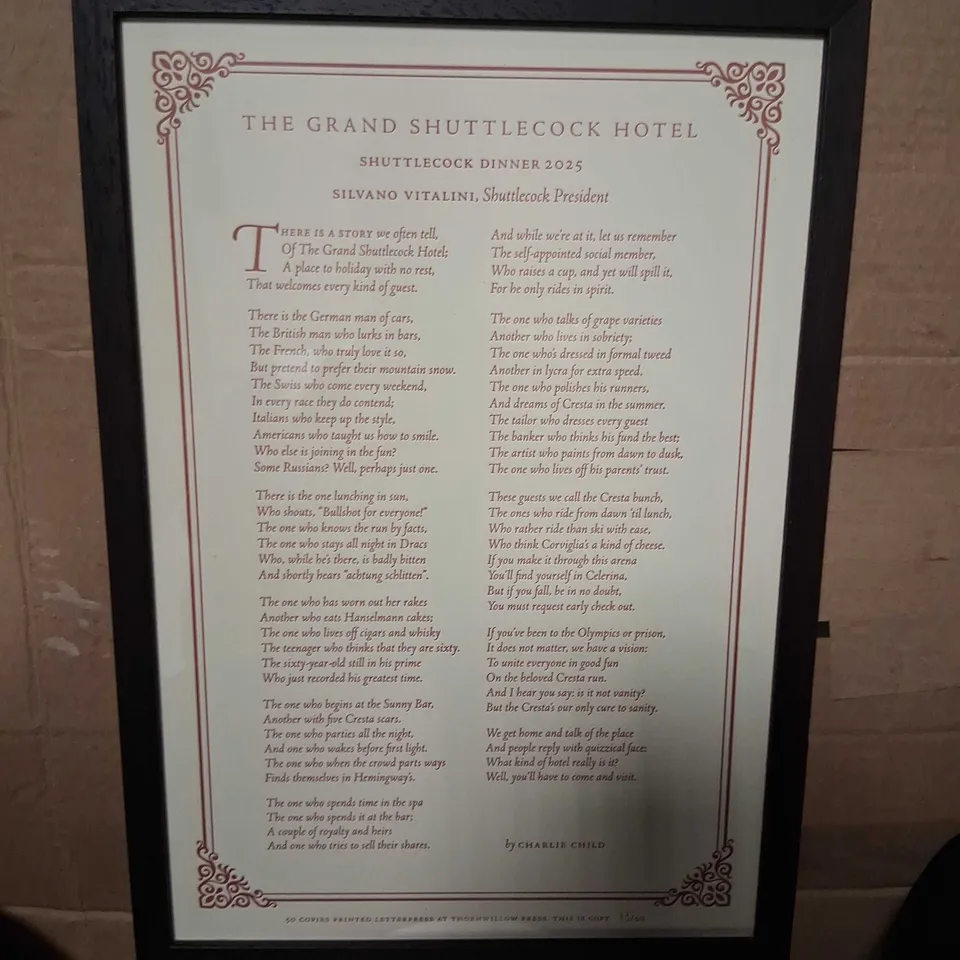 FRAMED THE GRAND SHUTTLECOCK HOTEL – LIMITED EDITION LETTERPRESS PRINT BY CHARLIE CHILD