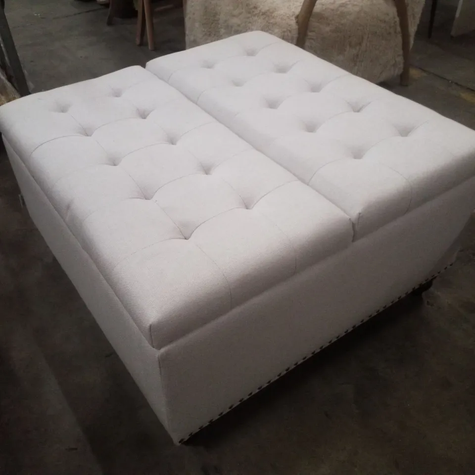 SQUARE LINEN UPHOLSTERED STORAGE OTTOMAN WITH SOFT-TOP & FLIP DESIGN - BEIGE