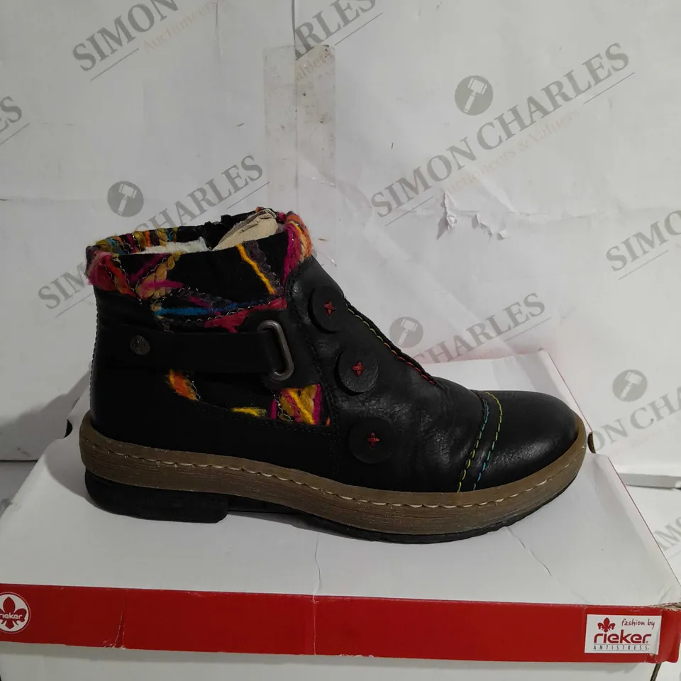 RIEKER BLACK CUFFED ANKLE BOOT SIZE 4 - BOXED 