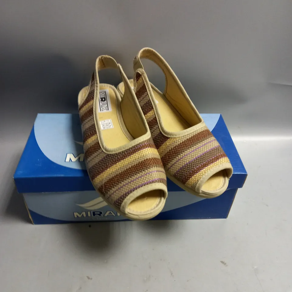 BOXED MIRAK LADIES BROWN STRIPED SLINGBACK SANDALS. SIZE EU 38