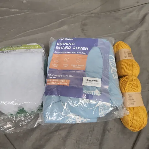 LARGE BOX OF APPROX 10 ASSORTED HOUSEHOLD ITEMS: IRONING BOARD COVER WITH PADDING, YELLOW YARN SKEINS, POND MAINTENANCE KIT - COLLECTION ONLY
