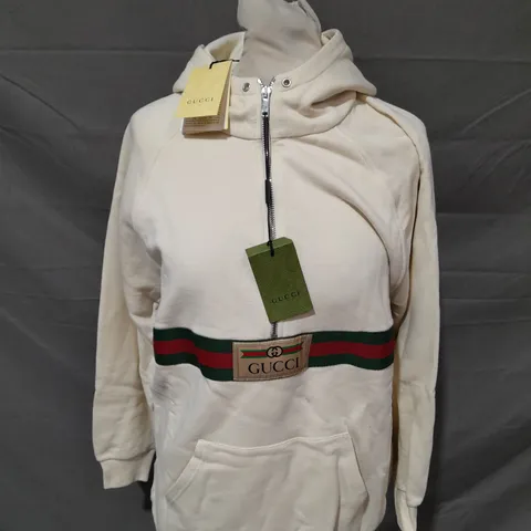 BOXED GUCCI QUARTER ZIP IN CREAM WITH HOOD - SIZE 12