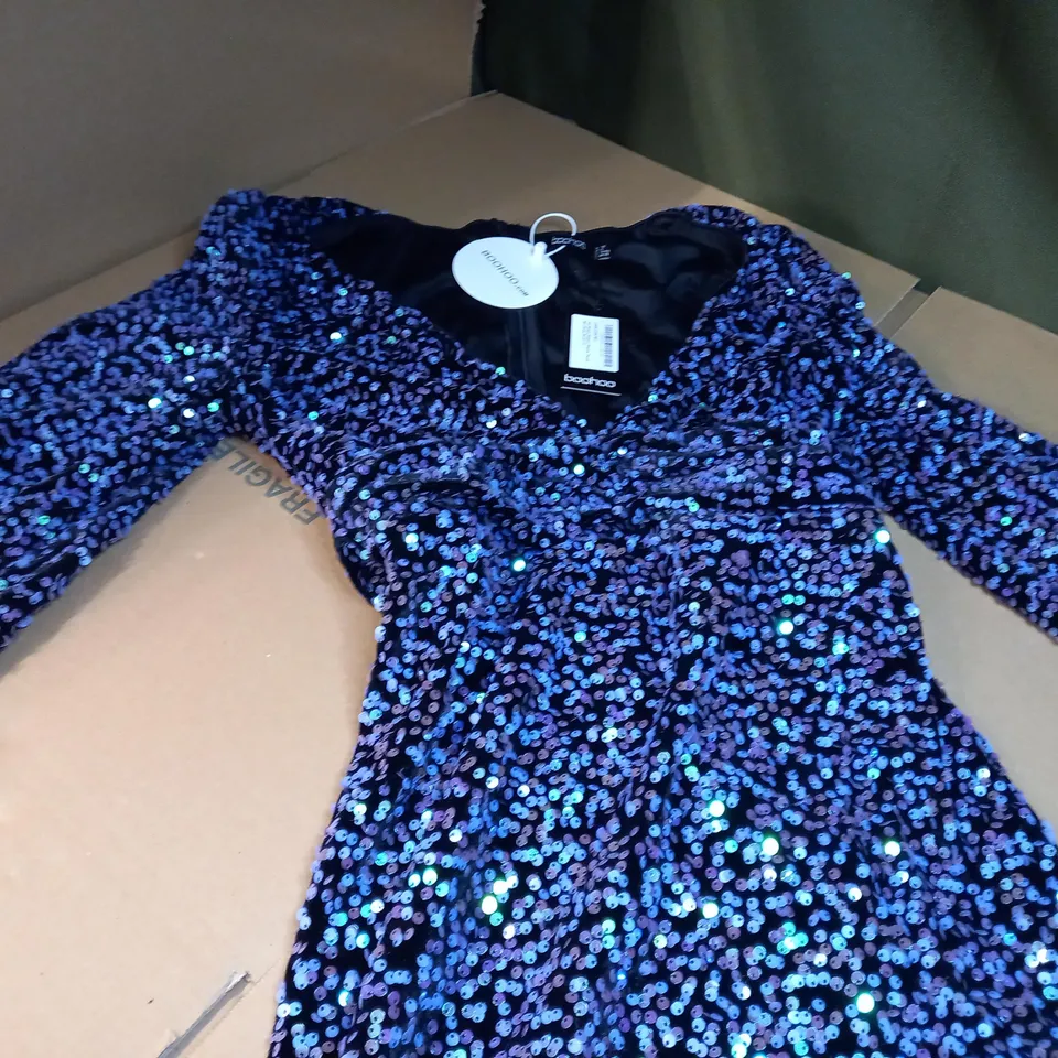 BOOHOO BLUE/SEQUIN BALLOON SLEEVE PLUNGE MINI DRESS - SIZE 12/TALL