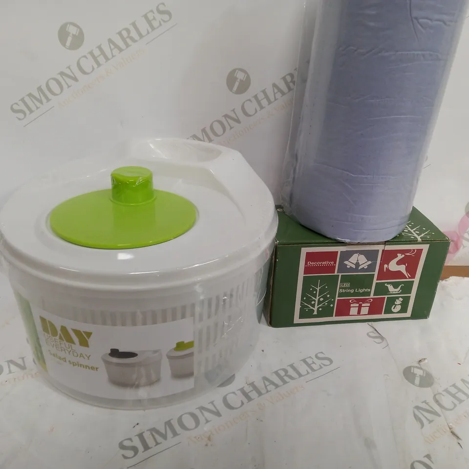 BOX OF ASSORTED HOUSEHOLD ITEMS TO INCLULD BLUE ROLL - SALAD SPINNER - XMAS LIGHTS 