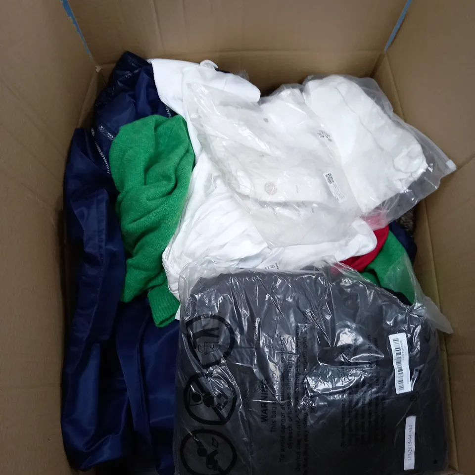 BOX OF ASSORTED CLOTHING ITEMS TOO INCLUDE JUMPERS, SHIRTS AND TROUSERS IN VARIOUS SIZES AND COLOURS   