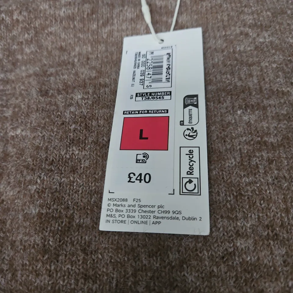MARKS & SPENCER TAUPE KNIT JUMPER WITH BEADED NECKLINE, SIZE L