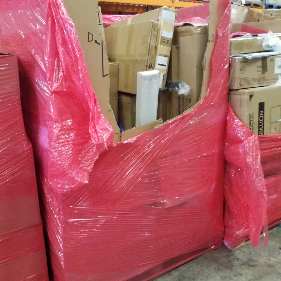 PALLET CONTAINING ASSORTED PRODUCTS INCLUDING WALL MIRROR, WOOD KITCHEN TOY SET, 24" MONITOR, BUBBLE WAND & UMBRELLA