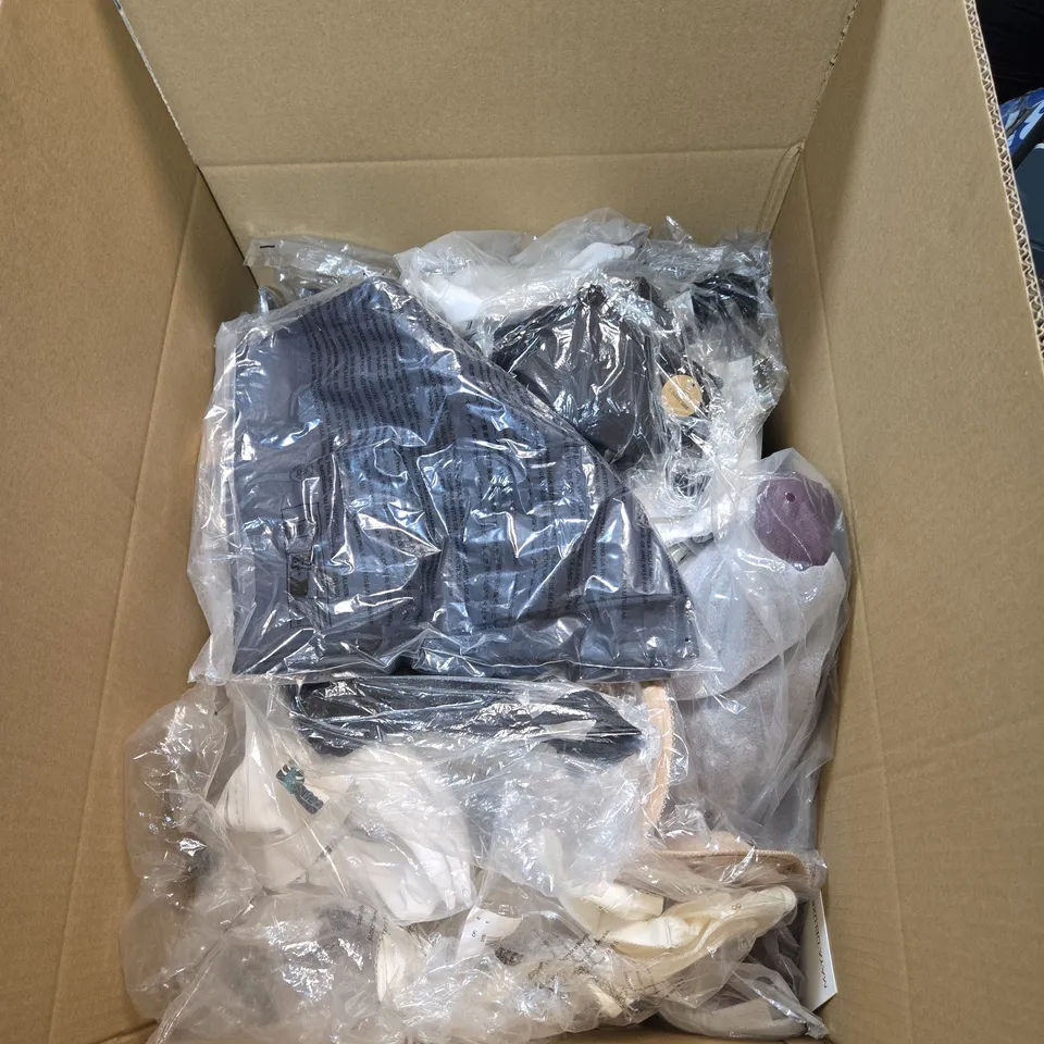 BOX OF APPROXIMATELY 35 ASSORTED CLOTHING ITEMS TO INCLUDE AMAZON TROUSERS, WACOAL BRA ETC
