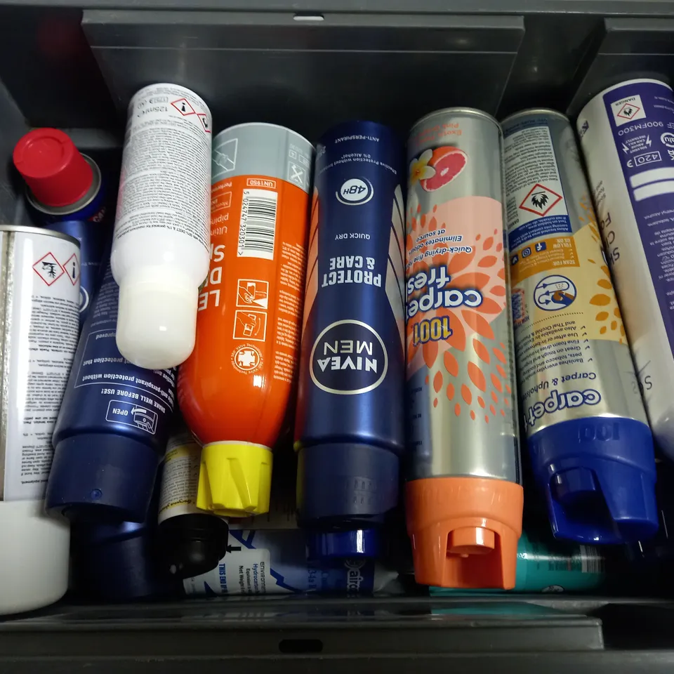 BOX OF APPROX 20 ASSORTED AEROSOLS INCLUDING 1001 CARPET FRESH PET, JUNGLE FORMULA MAXIMUM AND ROCOL LEAK DETECTOR - COLLECTION ONLY