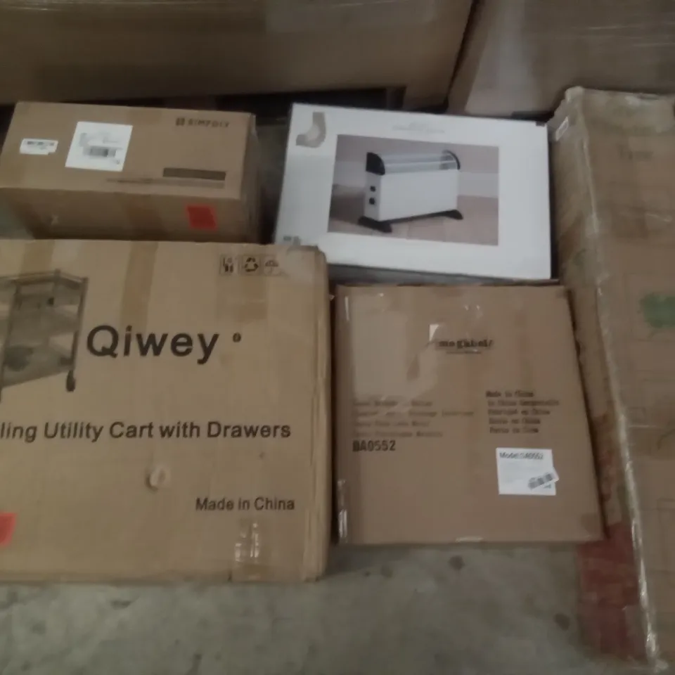 PALLET OF ASSORTED ITEMS INCLUDING GREEN CHRISTMAS TREE, AMAGABELI INDOOR LOG HOLDER, QIWEY ROLLING UTILITY CART WITH DRAWERS, ELECTRIC CONVECTOR HEATER, SIMPDIY SHOE BOXES, ELECTRIC PATIO HEATER