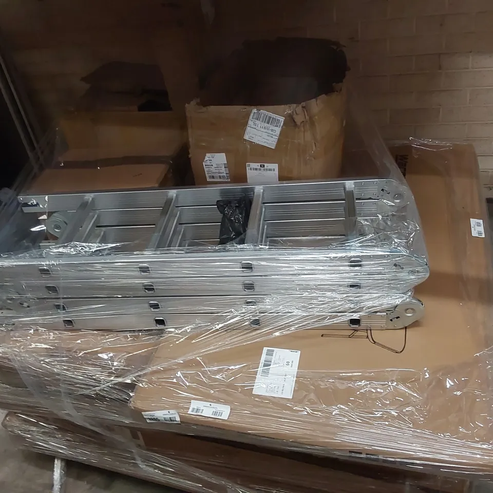 PALLET CONTAINING APPROXIMATELY 20 ASSORTED HOUSEHOLD PRODUCTS INCLUDING ALUMINIUM LADDERS, FOLDING TABLE, UMBRELLA BASES, LEAN TOO ETC.