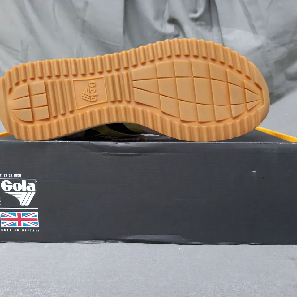 BOXED PAIR OF GOLA CHICAGO SHOES IN BLACK/FEATHER GREY/LEMON UK SIZE 7
