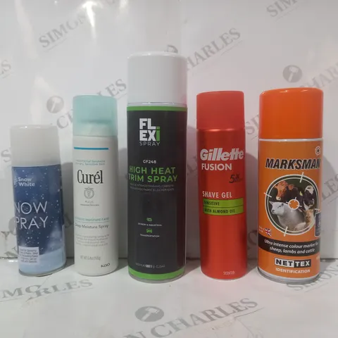 APPROXIMATELY 15 ASSORTED AEROSOL ITEMS IN INCLUDE MARKSMAN COLOU RMARKER FOR CATTLE, GILLETTE FUSION SHAVE GEL, SNOW WHITE SNOW SPRAY, ETC - COLLECTION ONLY