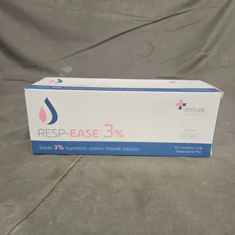 TOTE OF APPROXIMATELY 9 PACKS OF RESP-EASE 3% STERILE HYPERTONIC SODIUM CHLORIDE SOLUTION – 60 ML BOX (VENTURE HEALTHCARE) 