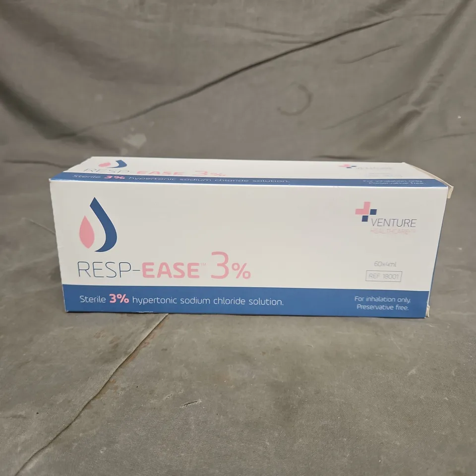 TOTE OF APPROXIMATELY 9 PACKS OF RESP-EASE 3% STERILE HYPERTONIC SODIUM CHLORIDE SOLUTION – 60 ML BOX (VENTURE HEALTHCARE) 