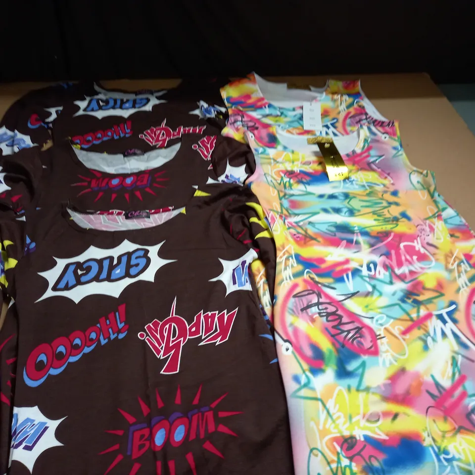 LOT OF 5 SLOGAN THEMED DRESSES - VARIOUS SIZES