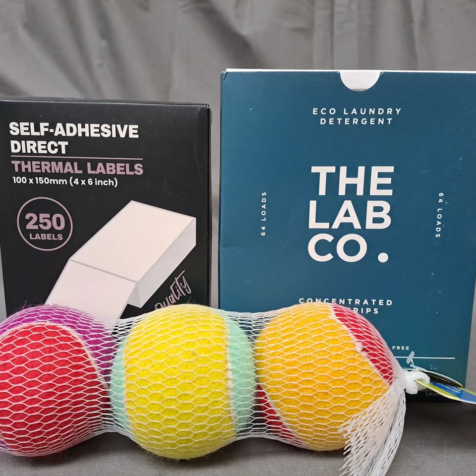 BOX OF APPROXIMATELY 20 ASSORTED HOUSEHOLD ITEMS TO INCLUDE THERMAL LABELS, CONCENTRATED TLC STRIPS, DOG FETCH AND CARRY BALLS, ETC