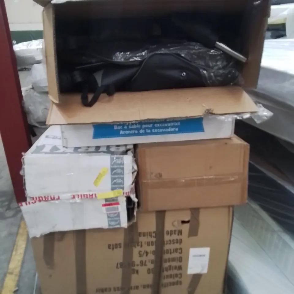 PALLET OF ASSORTED ITEMS TO INCLUDE DIRT DIGGERS SANDBOX, KIDS SCOOTER AND OFFICE CHAIR