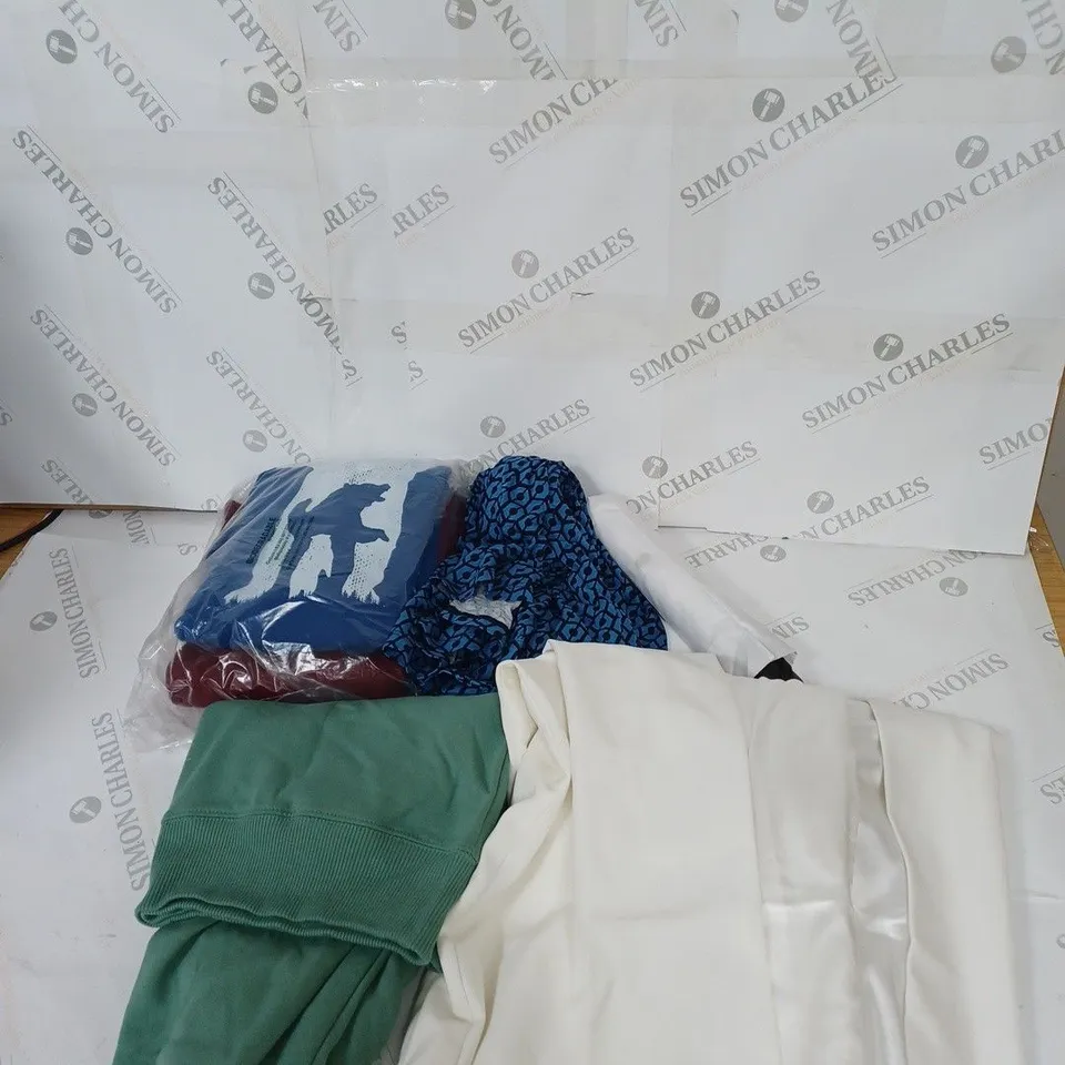 LARGE BOX OF ASSORTED CLOTHING ITEMS IN VARIOUS COLOURS AND SIZES INCLUDING TROUSERS , TOPS AND JUMPERS 