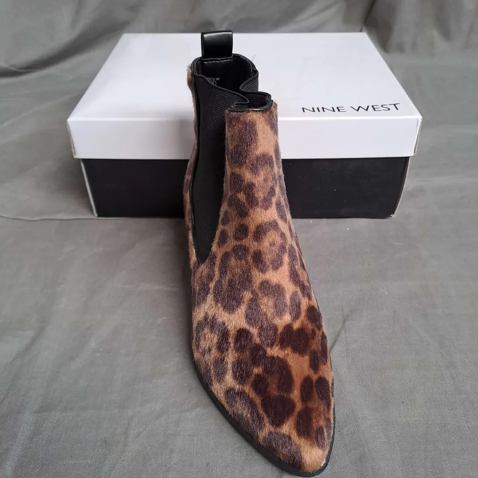 BOXED PAIR OF NINE WEST SYNTHETIC ANKLE BOOTS IN LEOPARD SIZE EU 35