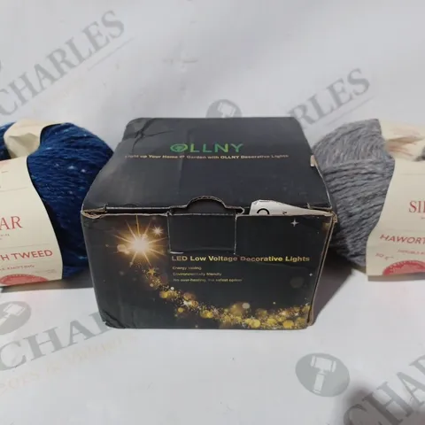 BOX OF APPROXIMATELY 10 ASSORTED HOUSEHOLD ITEMS TO INCLUDE SIRDAR KNITTING YARN, OLLNY LED DECORATIVE LIGHTS, ETC