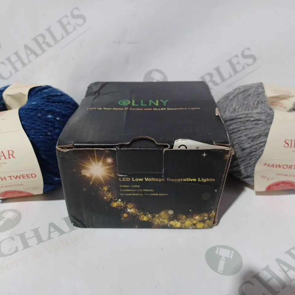 BOX OF APPROXIMATELY 10 ASSORTED HOUSEHOLD ITEMS TO INCLUDE SIRDAR KNITTING YARN, OLLNY LED DECORATIVE LIGHTS, ETC