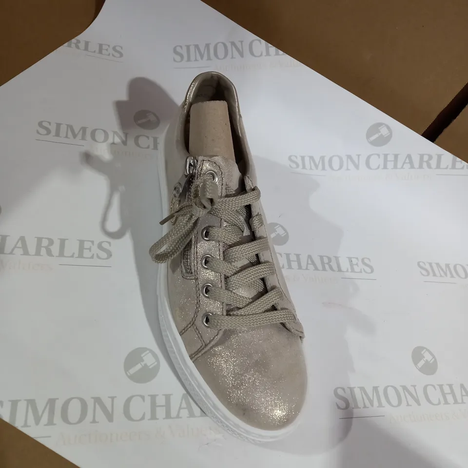 BOXED PAIR OF RIEKER GOLD METALLIC TRAINERS - SIZE 6.5