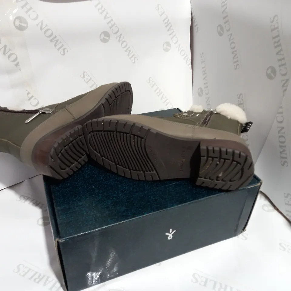 BOXED PAIR OF EMU DARK OLIVE BIKER BOOTS - SIZE 8