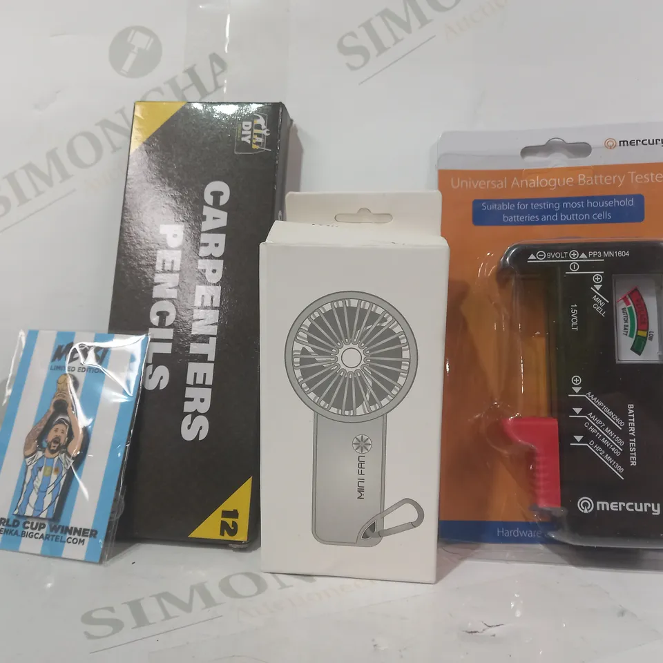 LOT OF APPROXIMATELY 10 ASSORTED HOUSEHOLD ITEMS TO INCLUDE MINI FAN, CARPENTERS PENCILS, UNIVERSAL ANALOGUE BATTERY TESTER, ETC