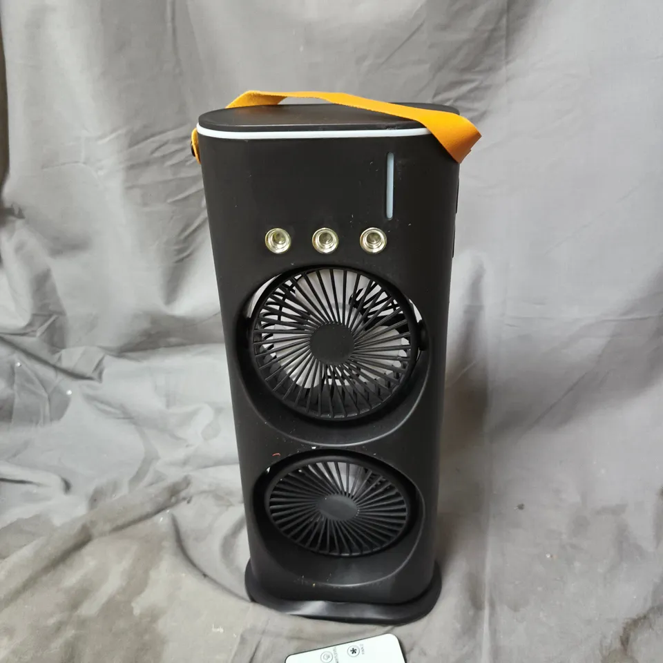 TWO FANS: BOXED DOUBLE-ENDED SPRAY FAN AND DUAL-FAN TOWER FAN WITH REMOTE