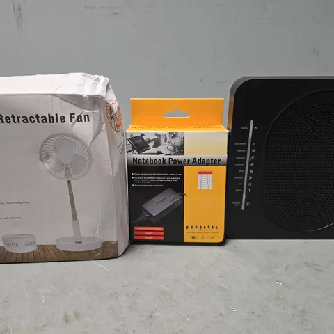 BOX OF APPROXIMATELY 8 ASSORTED ITEMS TO INCLUDE - RETRACTABLE FAN , NOTEBOOK POWER ADAPTER ETC