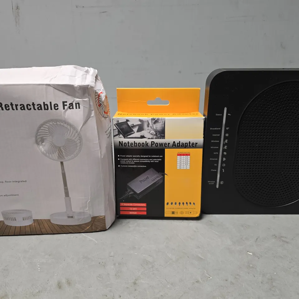 BOX OF APPROXIMATELY 8 ASSORTED ITEMS TO INCLUDE - RETRACTABLE FAN , NOTEBOOK POWER ADAPTER ETC