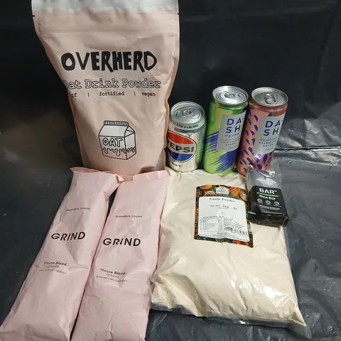 APPROXIMATELY 10 ASSORTED FOOD & DRINK ITEMS TO INCLUDE - OVERHEAD OAT DRINK POWDER - GRIND HOUSE BLEND COFFEE - DASH SPARKLING WATER - ETC - COLLECTION ONLY